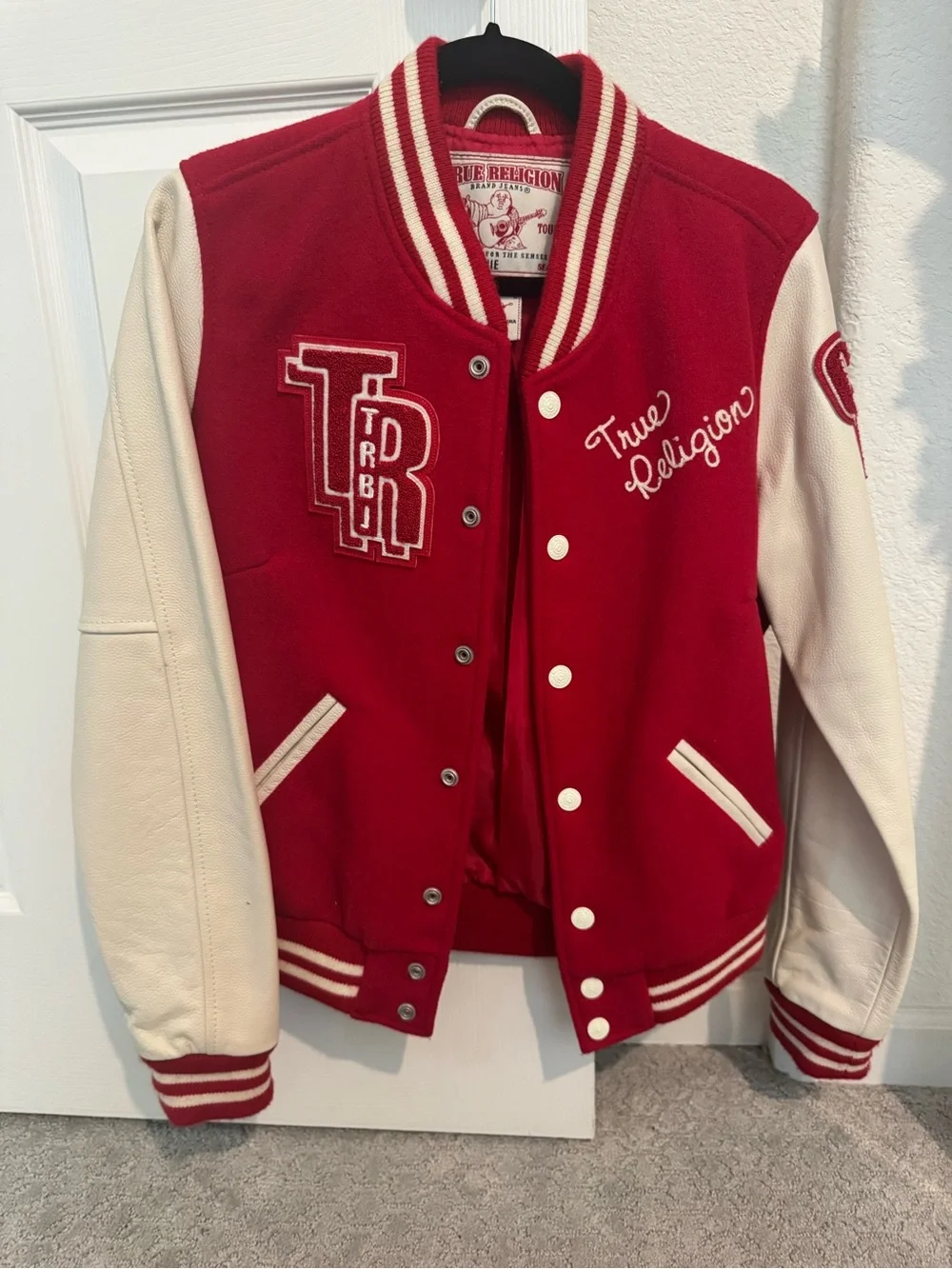 True Religion Women’s/ Men Red and White Varsity Jacket